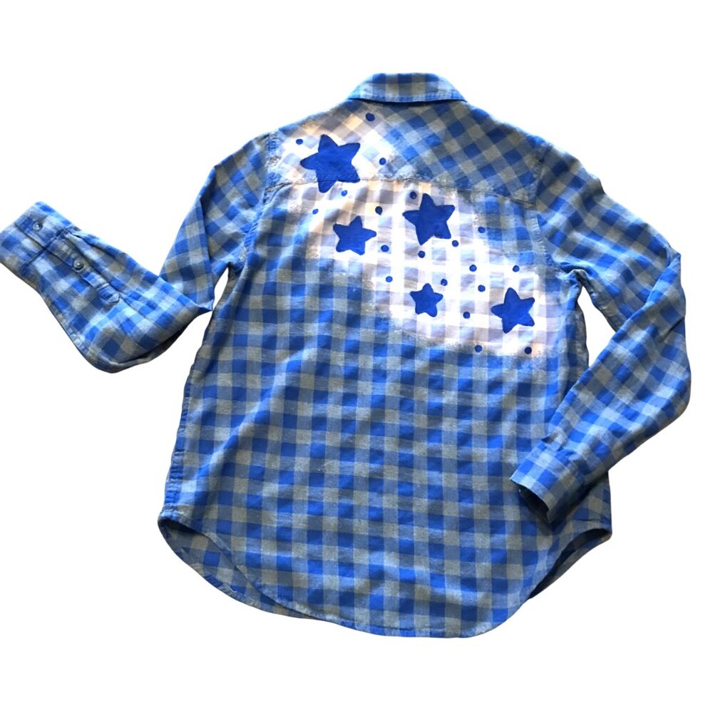 Western Bleached Flannel Shirt, Upcycled Blue Plaid Stars, Women’s Size Small